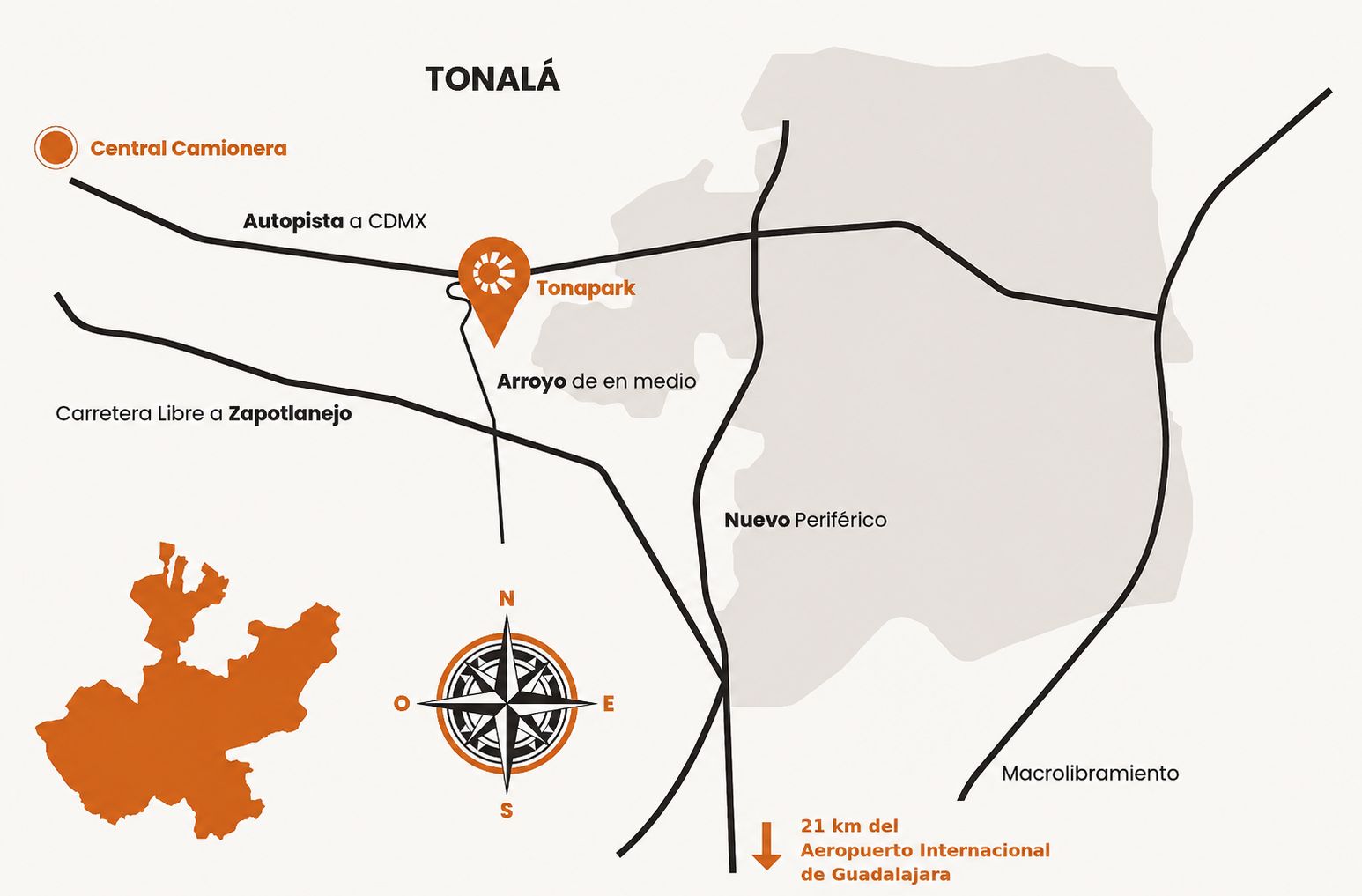 Mapa de conectividad y rutas de acceso del brochure oficial de TonaPark en Tonalá, Jalisco.