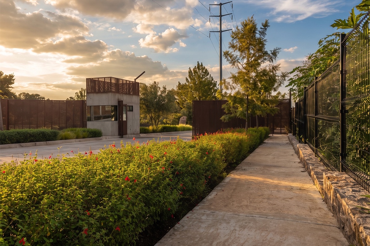 Caseta de vigilancia, acceso controlado y áreas verdes del parque industrial TonaPark en Tonalá.